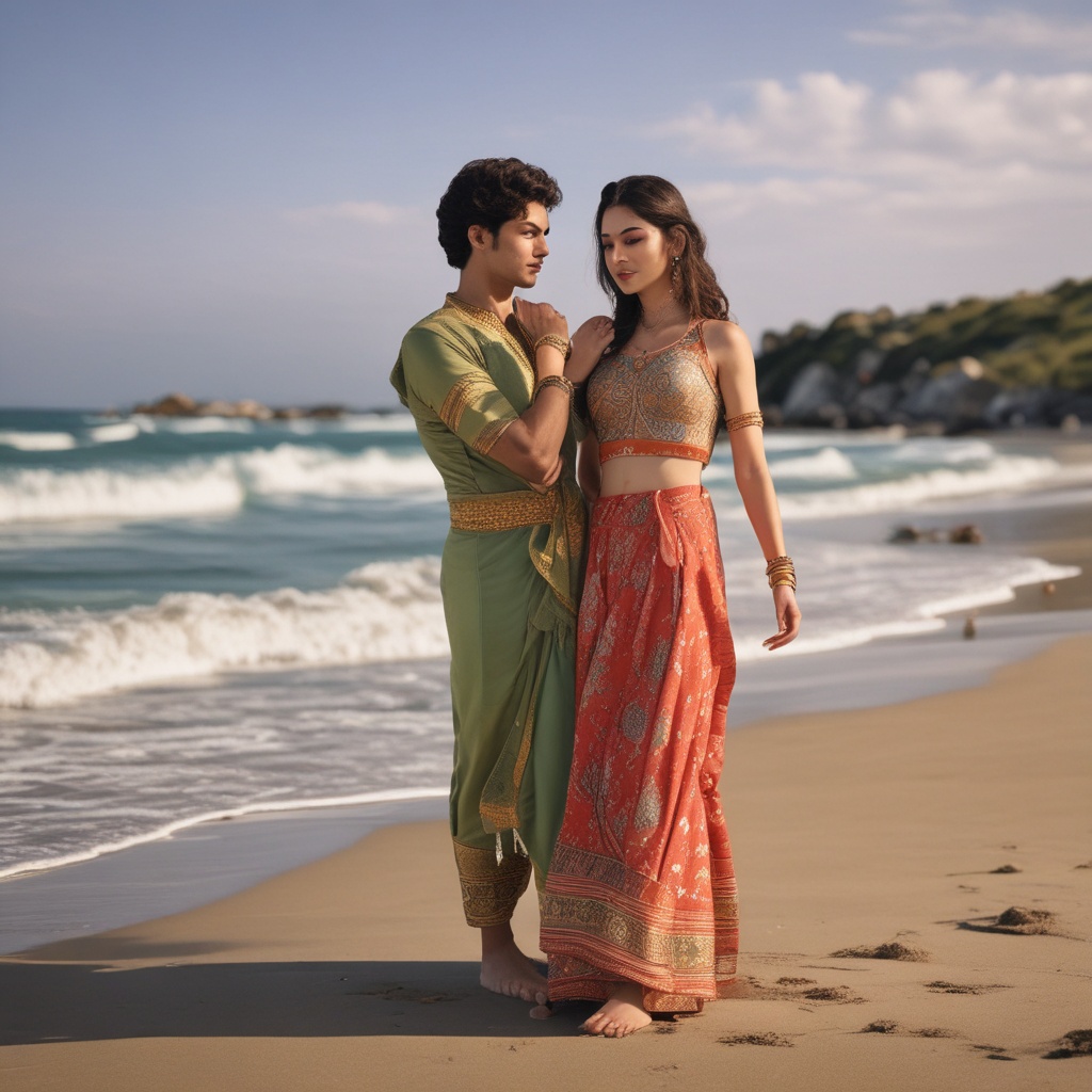 Girl in Indian outfit at beach